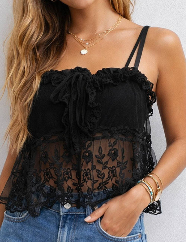 Ruffle Sheer Cami Top, Black