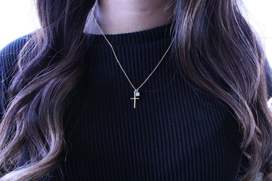 Gold Plated Sterling Silver cross necklace with Opal dangle charm