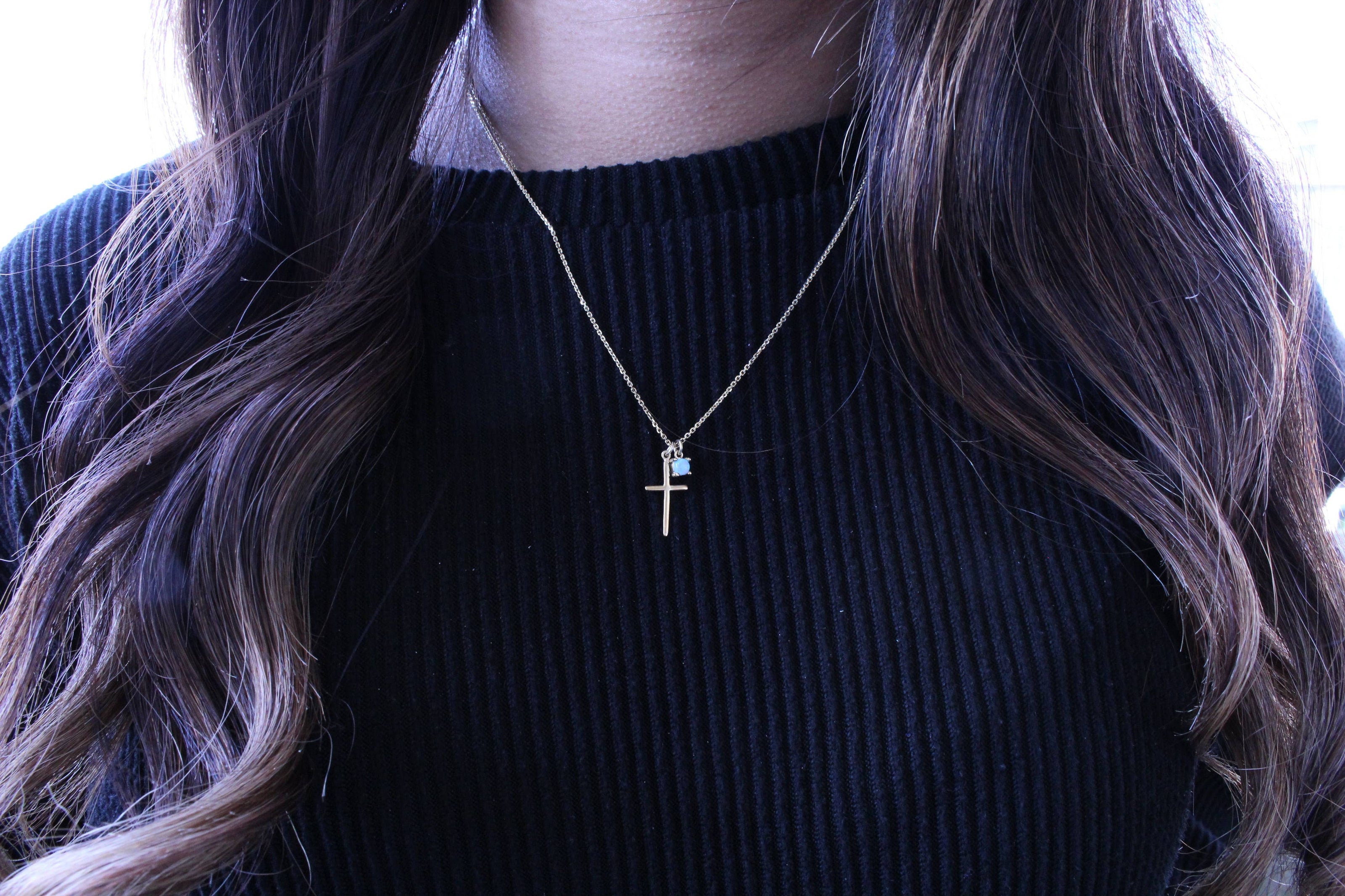 Gold Plated Sterling Silver cross necklace with Opal dangle charm