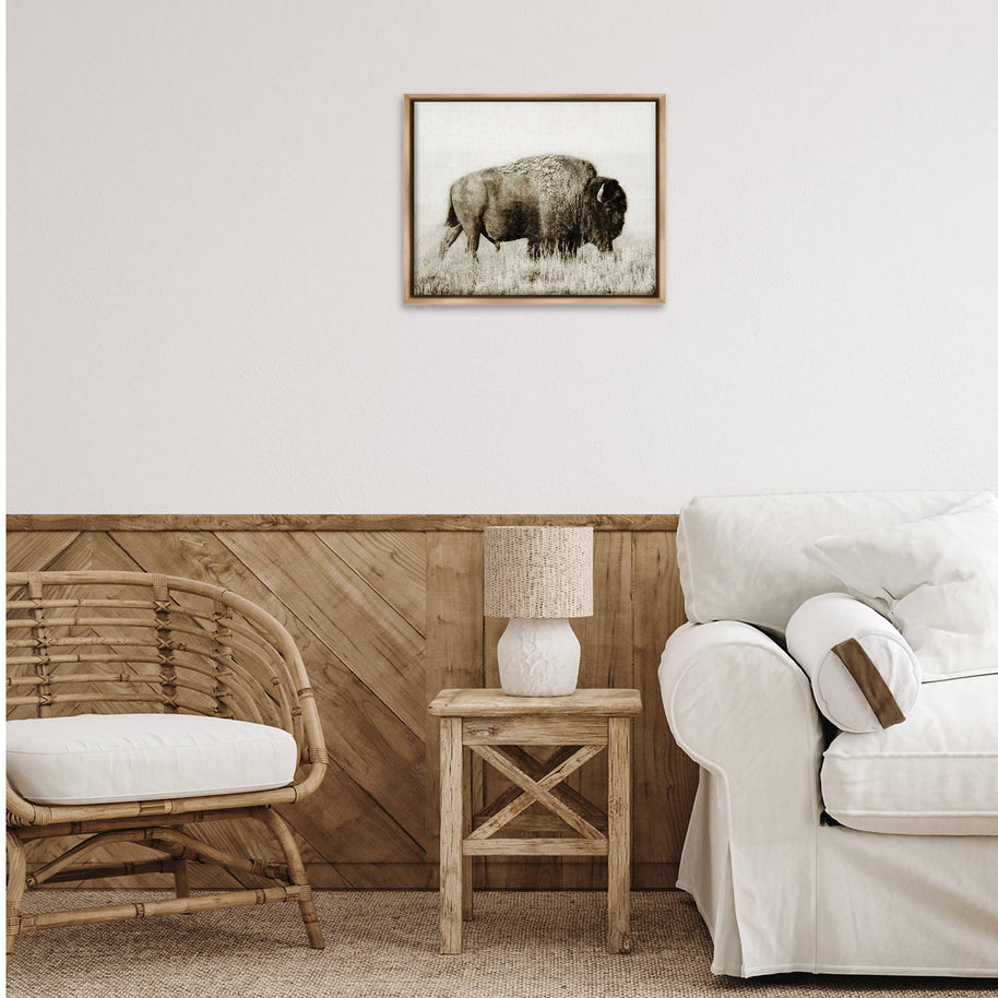 Bison Grazing in Field Floater Framed Art