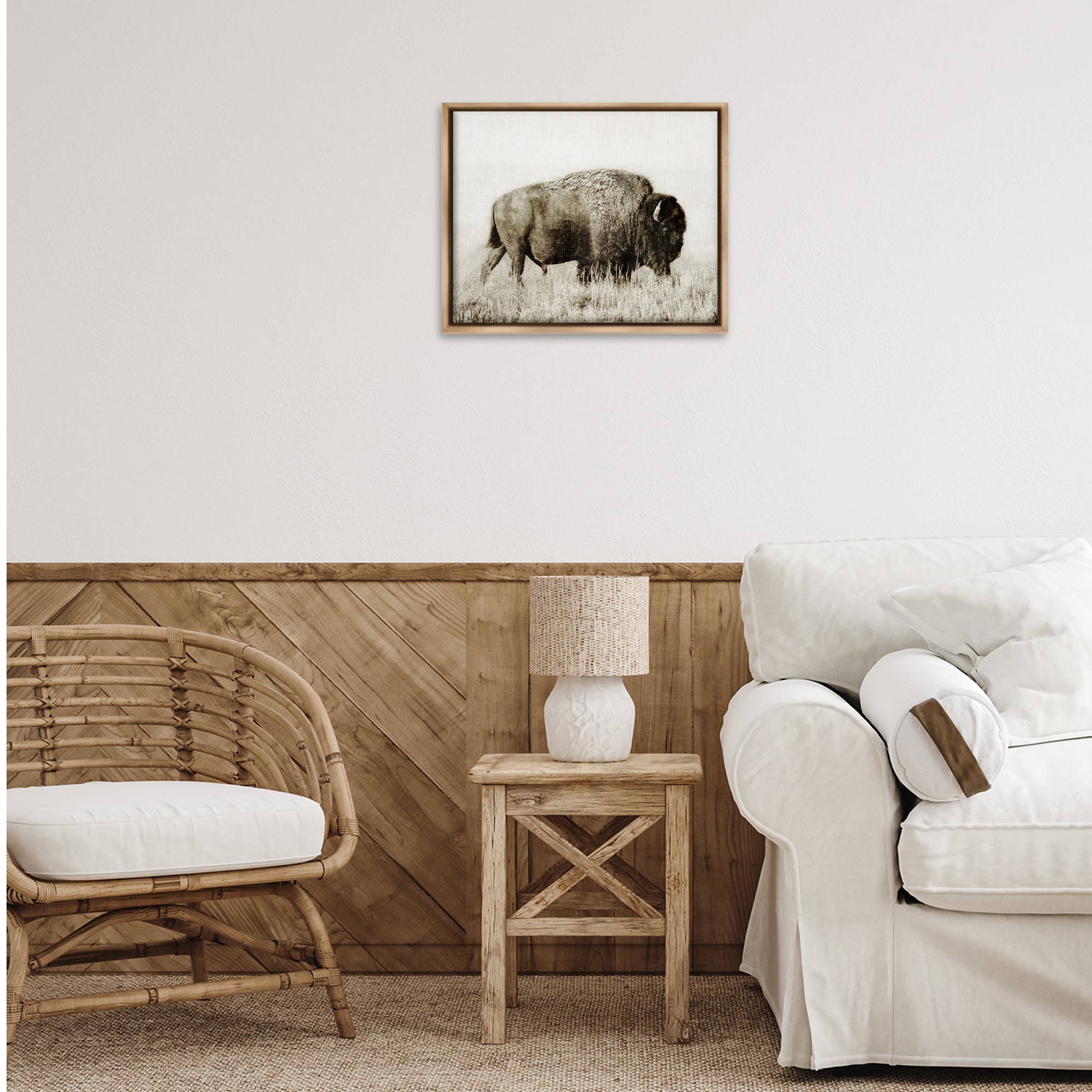 Bison Grazing in Field Floater Framed Art