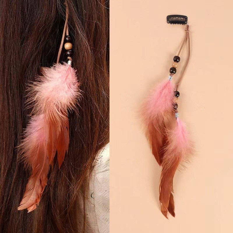 Long Beaded Feather Tassel Hair Clip