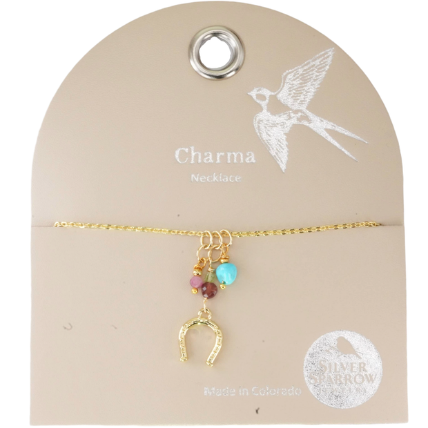 Gold Rhinestone Horseshoe Charm Necklace with Stone Baubles