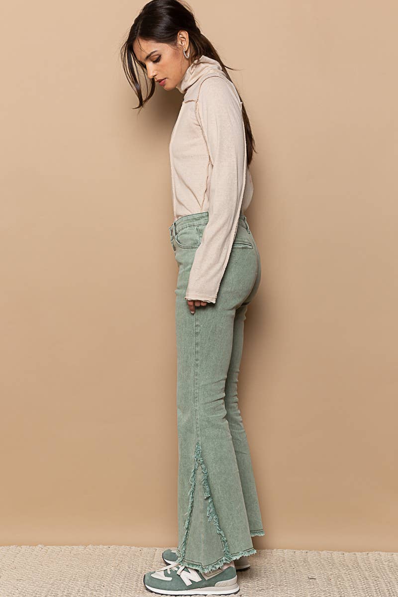 Frayed edge twill flare pants