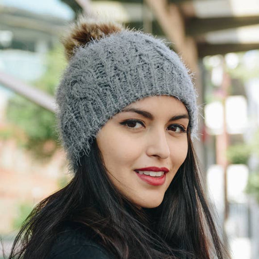 Faux Mohair Cable Knit Pom Pom Beanie