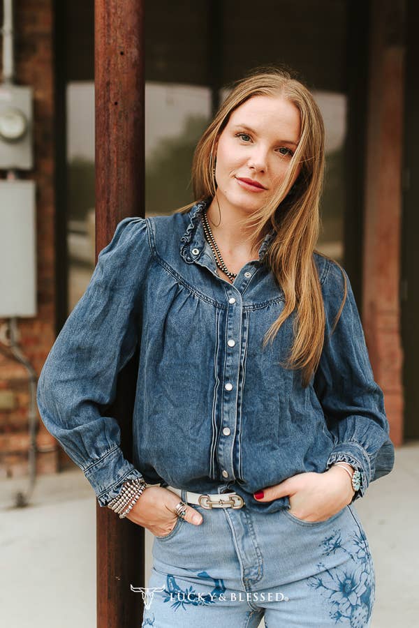 Dark Wash Long-Sleeve Denim Pearl Snap Shirt