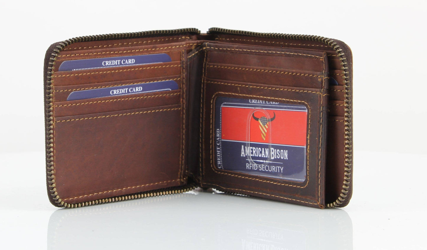 American Bison RFID Leather Zip Around Bi Fold Wallet