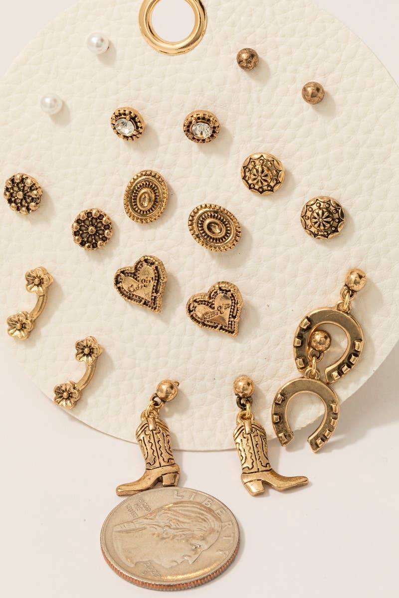 Hearts And Western Cowboy Western Stud Earrings Set
