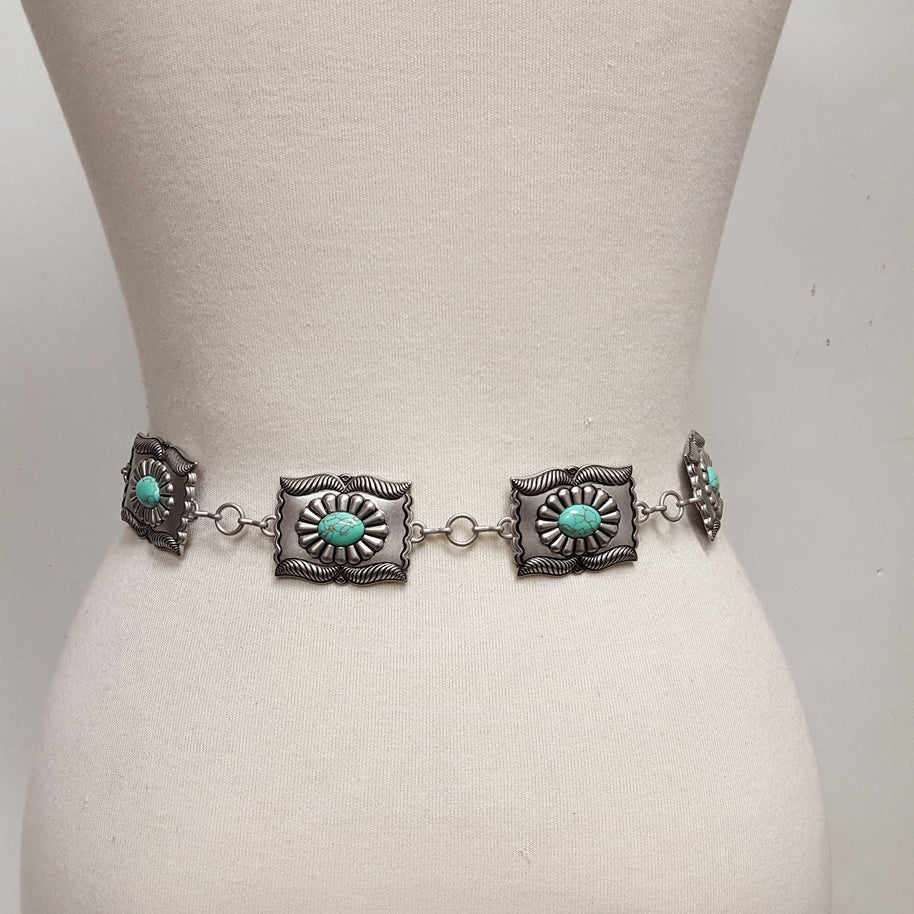 Western Turquoise Stone rectangular Concho Chain Belt