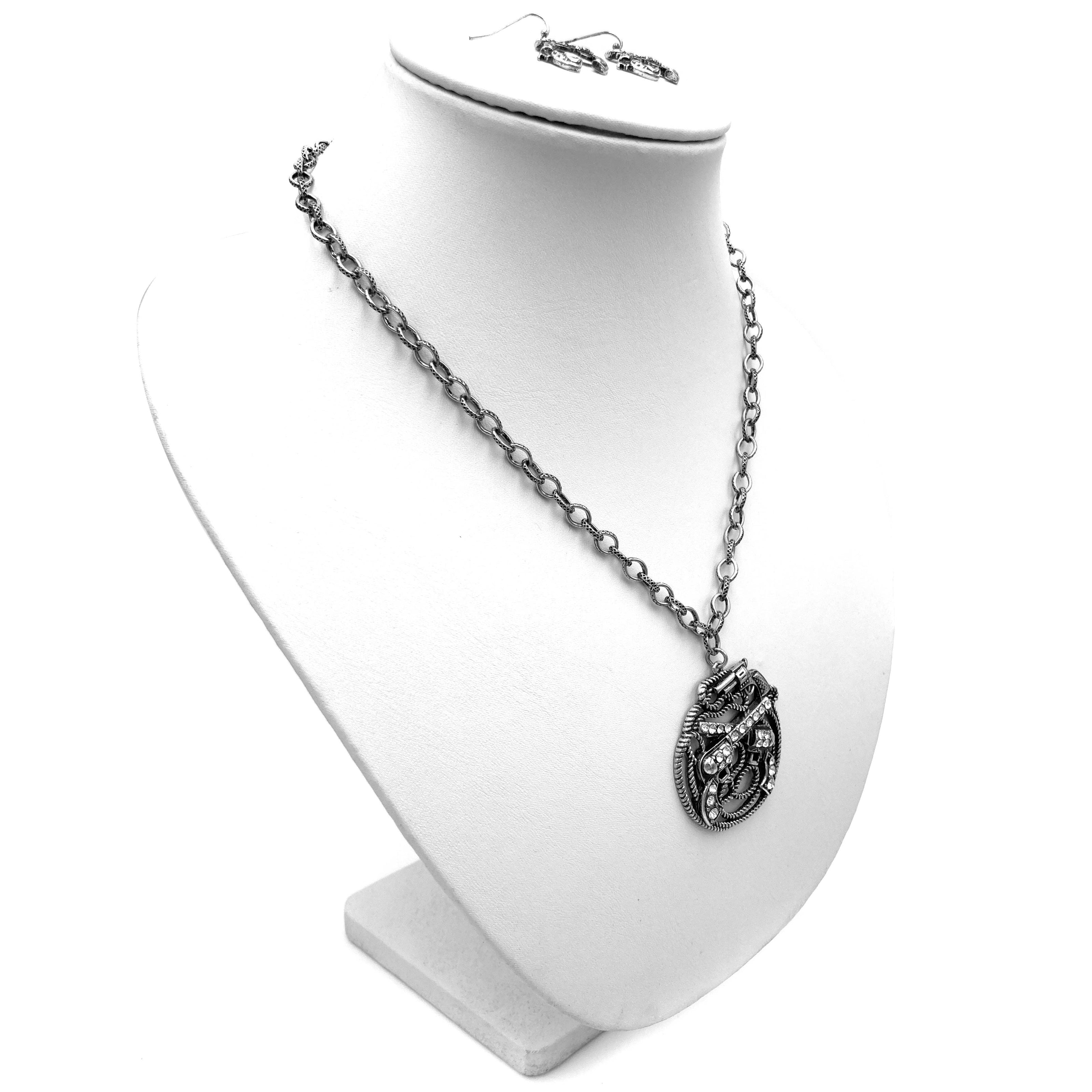 Rhinestone Pistol Necklace with Earrings