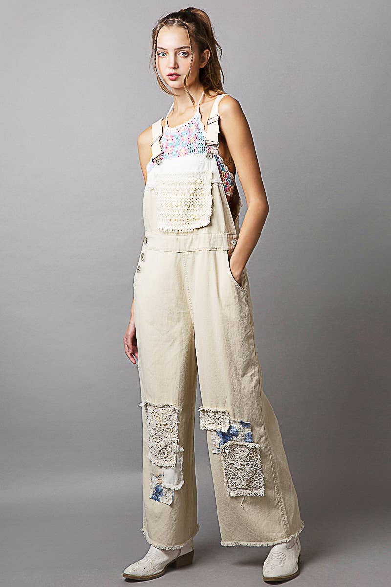 Crochet patchwork detail casual denim overalls