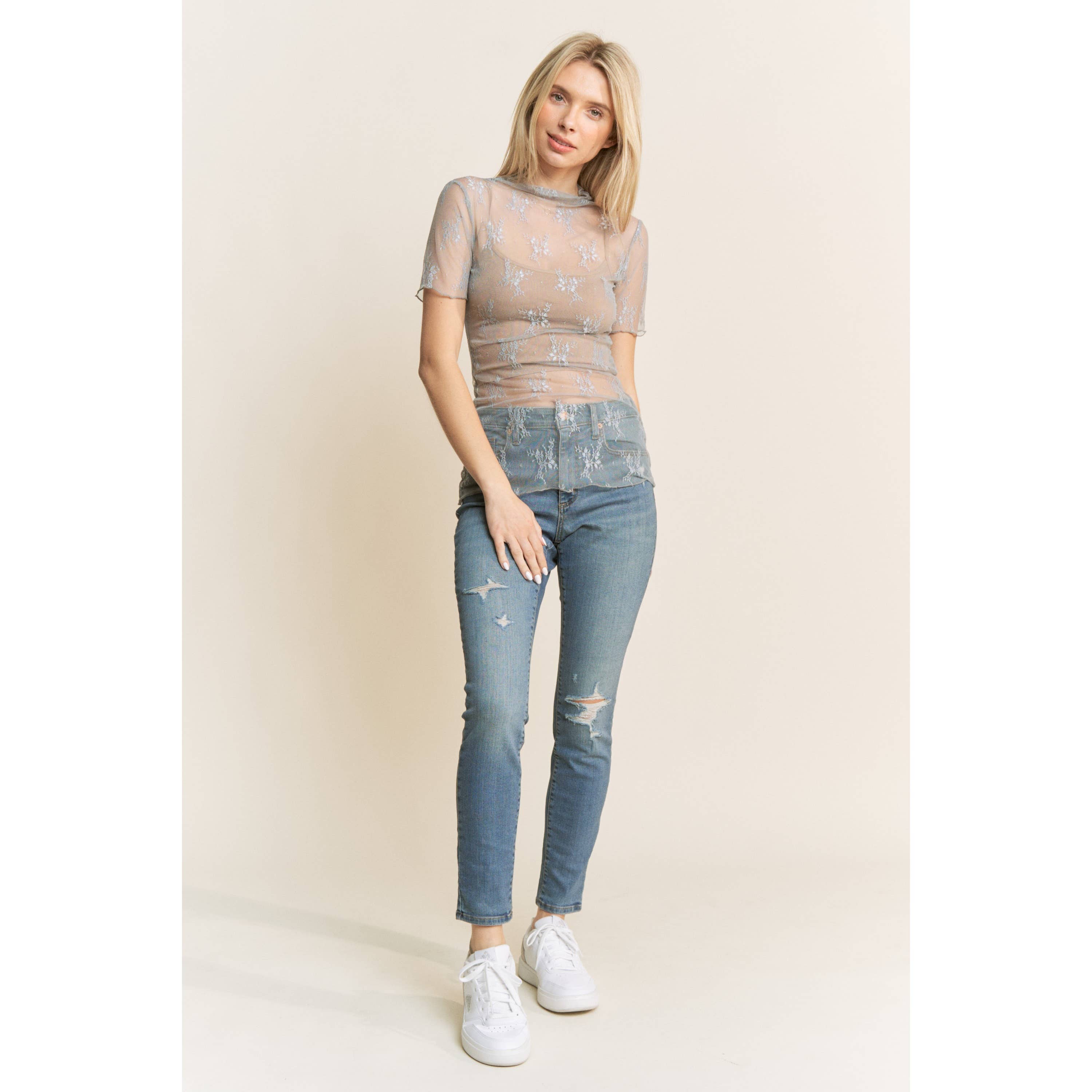 Lace Short Sleeve Shirt, S-3X