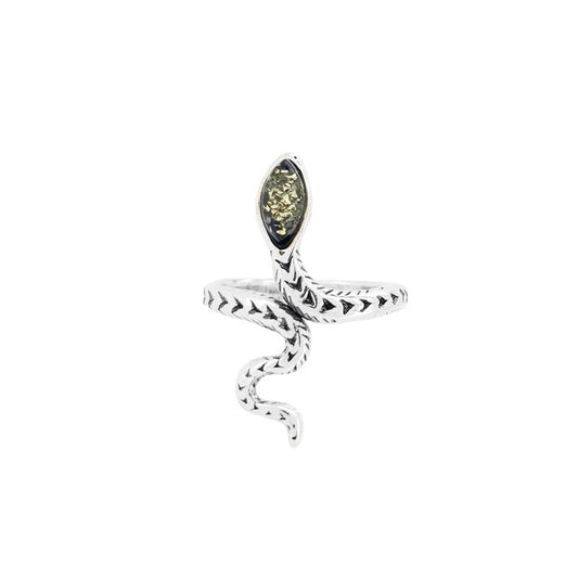 Green Amber Sterling Silver Snake Adjustable Ring