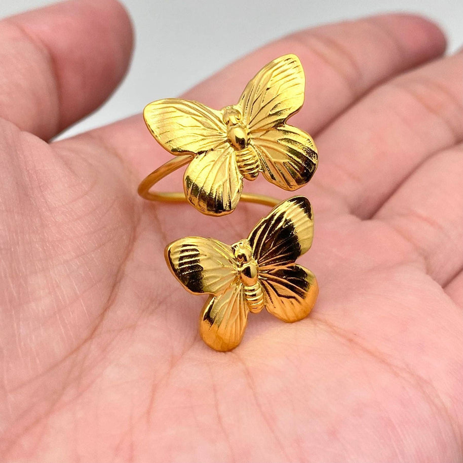 18K Gold Plated Steel Adjustable Double Butterfly Ring - FGS