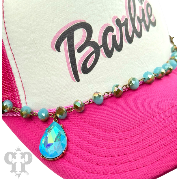 Trucker hat bead chain w/ large rhinestone teardrop