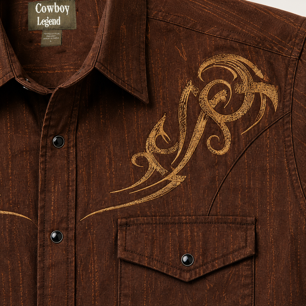 Embroidered Retro Snap Shirt, Brown