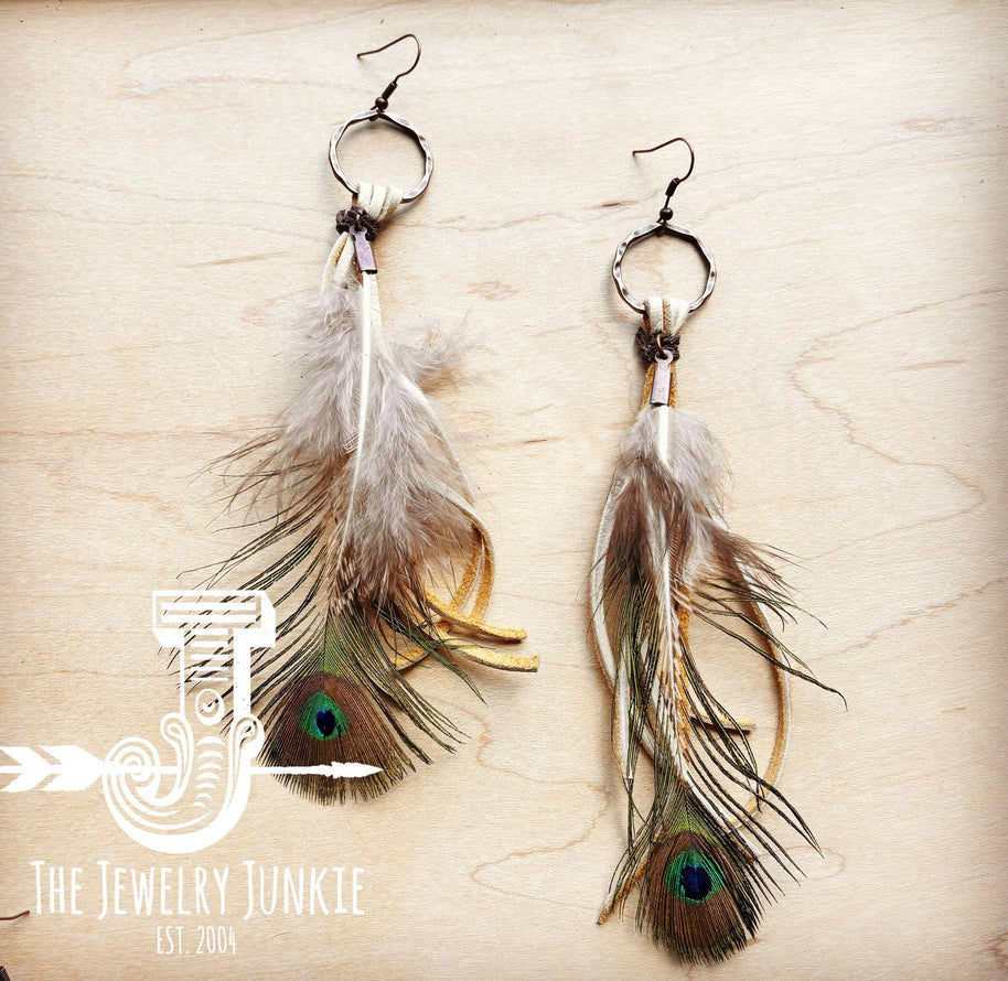 Bone Deer Skin Leather Tassel Earrings with Peacock Feather