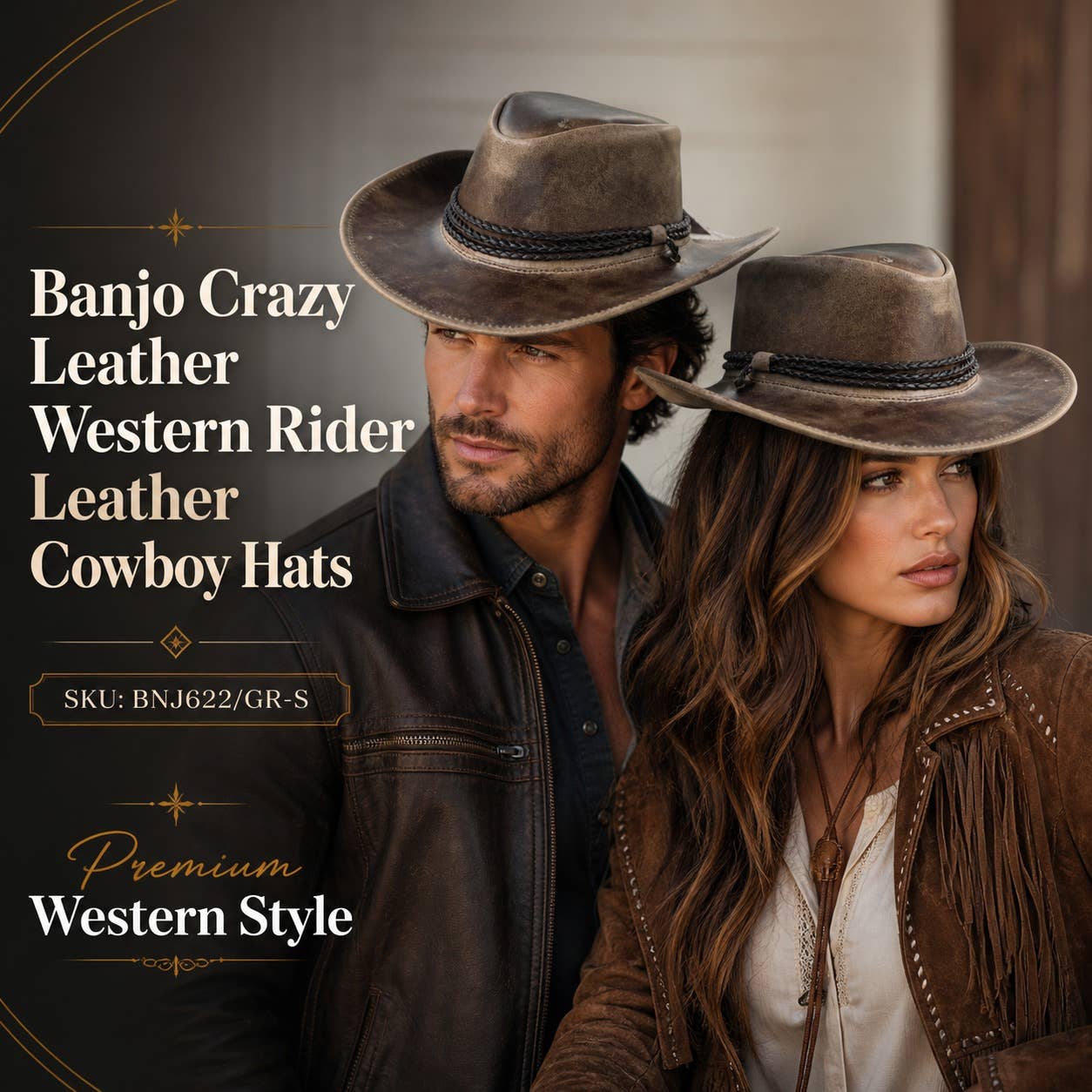 Banjo  Leather Cowboy Western Hat