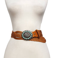 Hand-Braided Leather Belt with Turquoise Style Buckle
