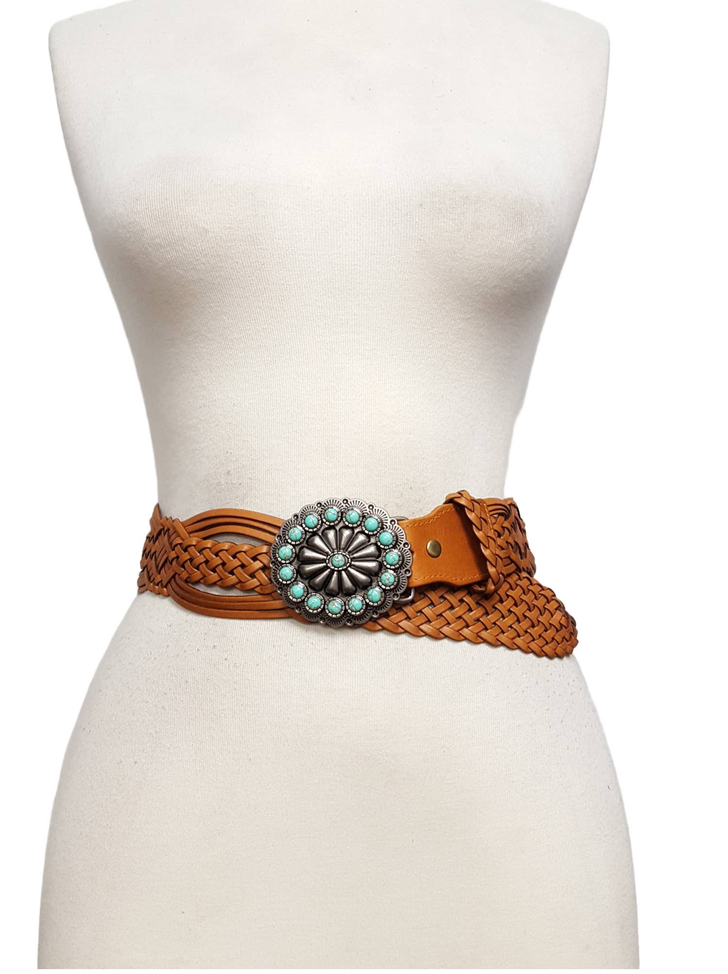 Hand-Braided Leather Belt with Turquoise Style Buckle