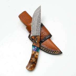 Hand-Forged Damascus Skinner | Torched Wood & Resin Hybrid Handle | Custom Field Knife TK-476