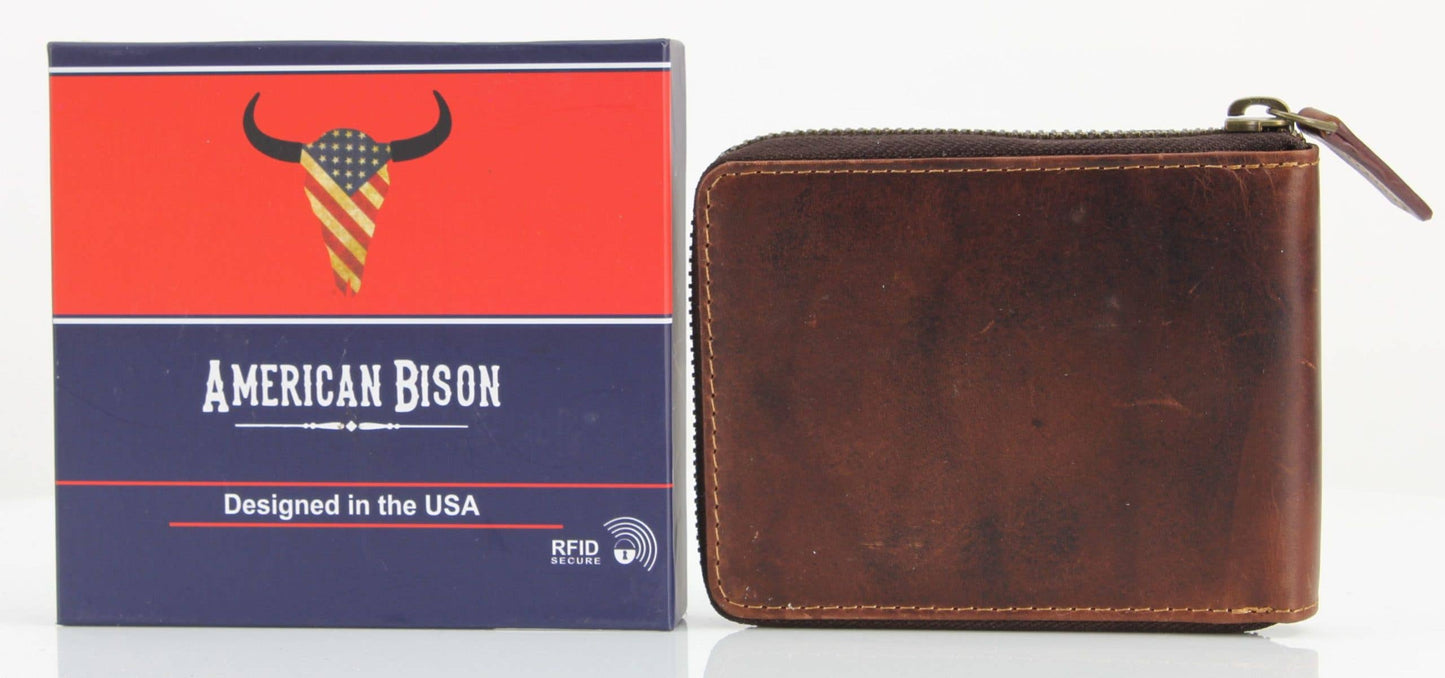 American Bison RFID Leather Zip Around Bi Fold Wallet