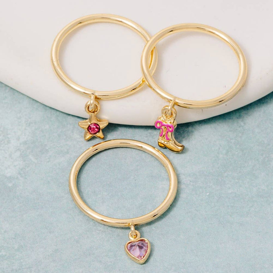 Gold Dipped 3Pc Dangle Charms Rings Set