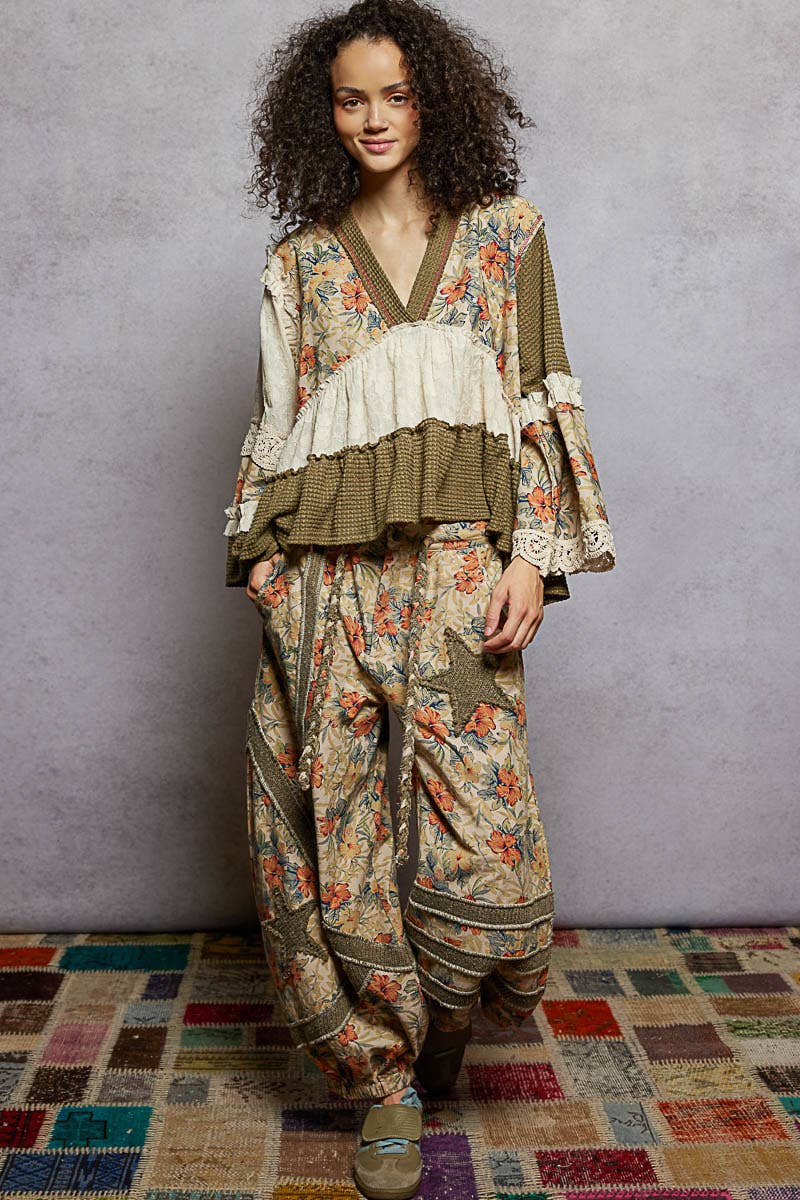 Long sleeve patchwork ruffle top