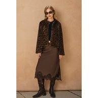 Satin Lace Hem Pencil Skirt, Chocolate