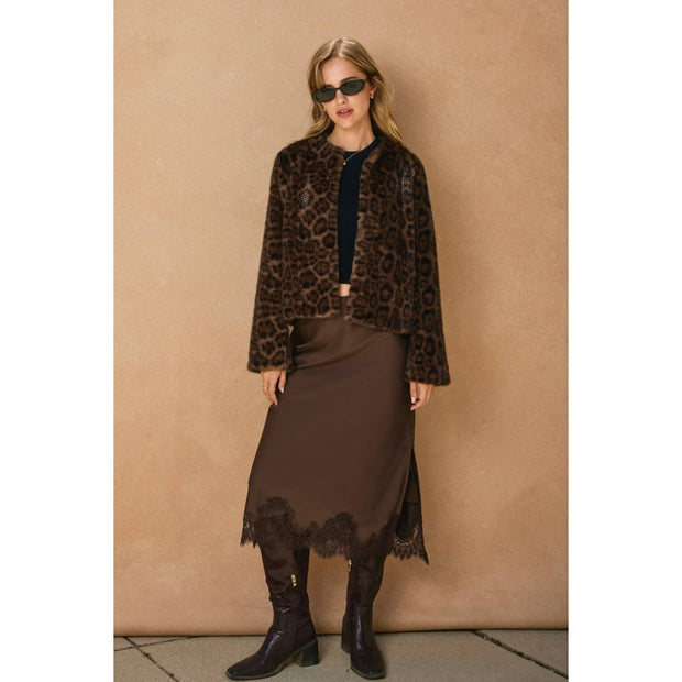 Satin Lace Hem Pencil Skirt, Chocolate