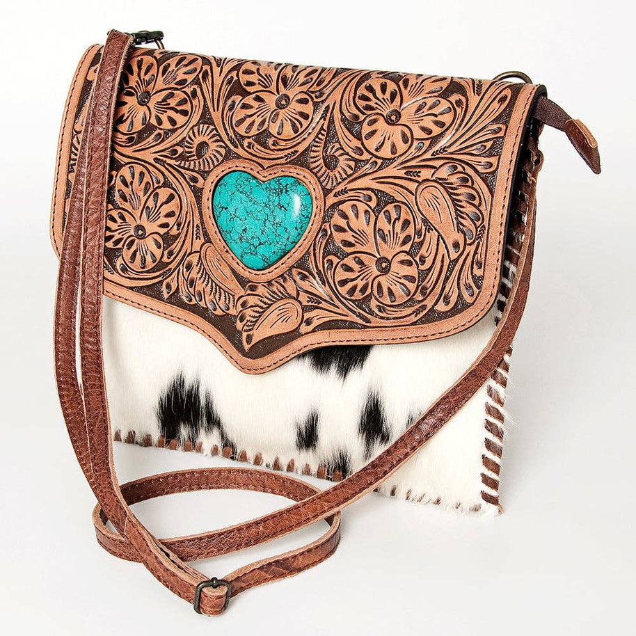 Hair-on-Hide Crossbody with Turquoise Heart