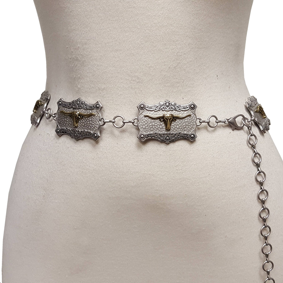 Plus Size:Western Long Horn Concho Metal Chain Silver/Brass