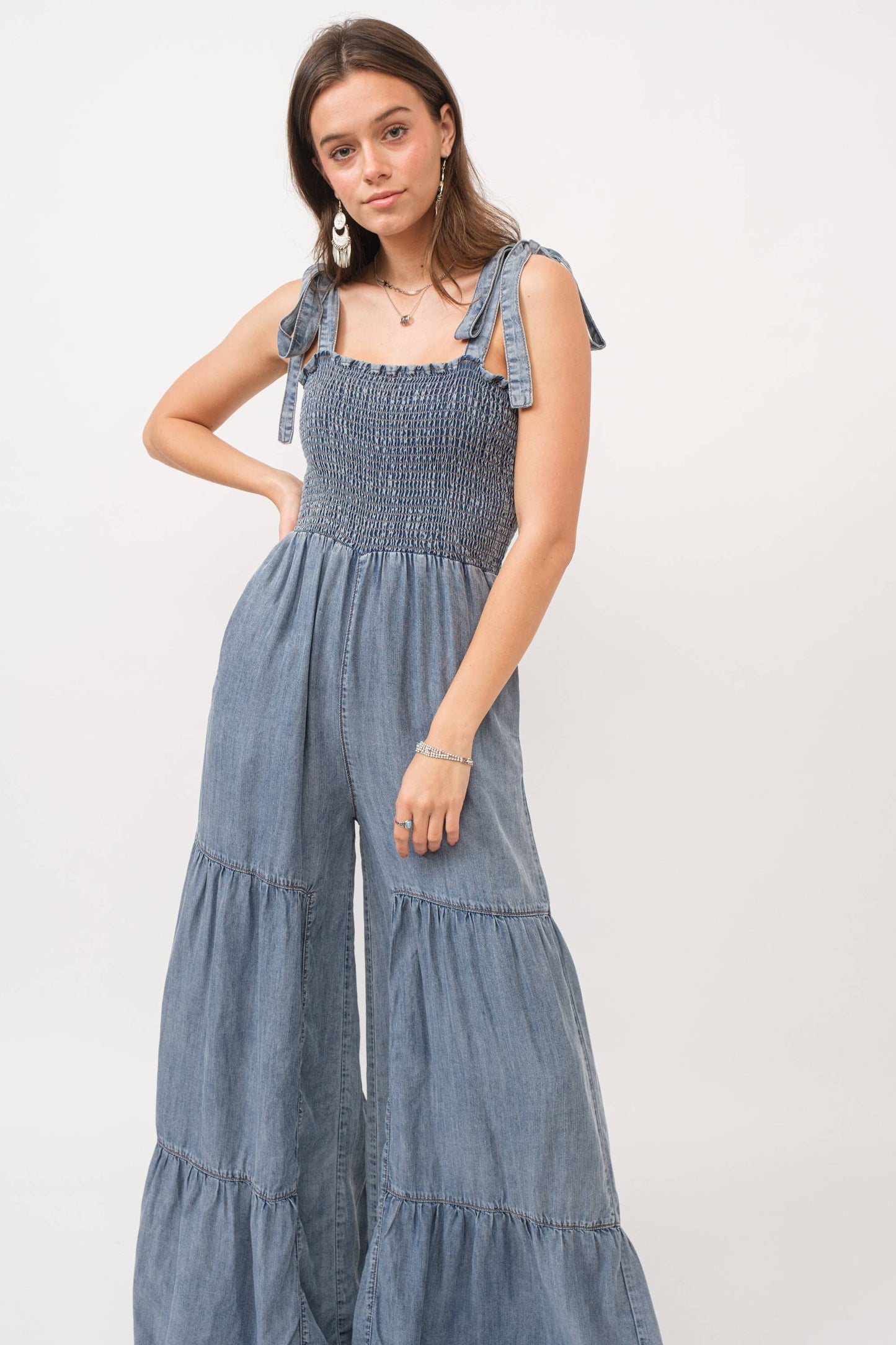 Smocked Tie Chambray Palazzo Wide Pant Jumpsuit