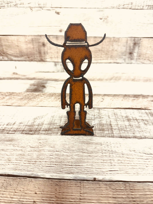 Alien Cowboy Doodad Standing Figurine Area 51 Rustic Metal