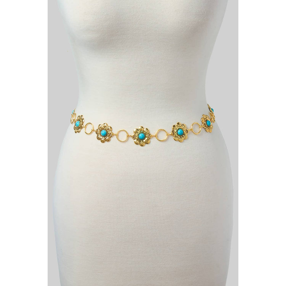 Flower & Turquoise Concho Belt, Gold
