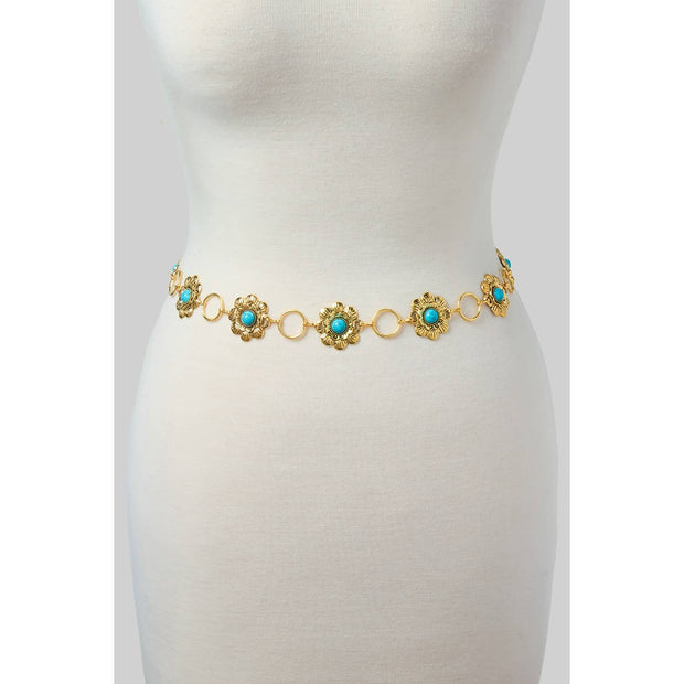 Flower & Turquoise Concho Belt, Gold