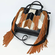 Handmade Western Leather Tote Bag with Hair-On Cowhide & Fringe