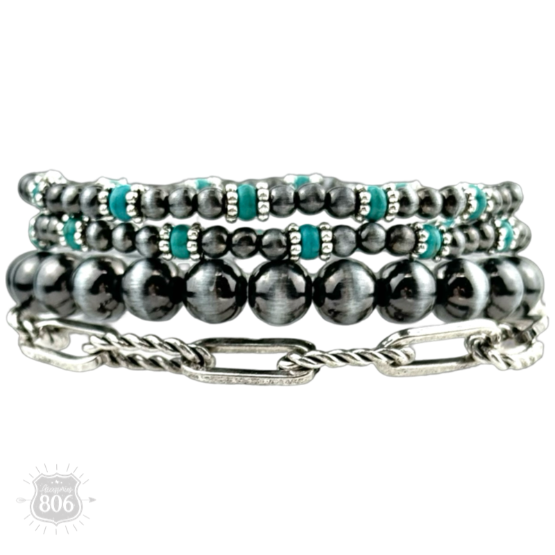 Western burnished pearl bead & chain bracelet set