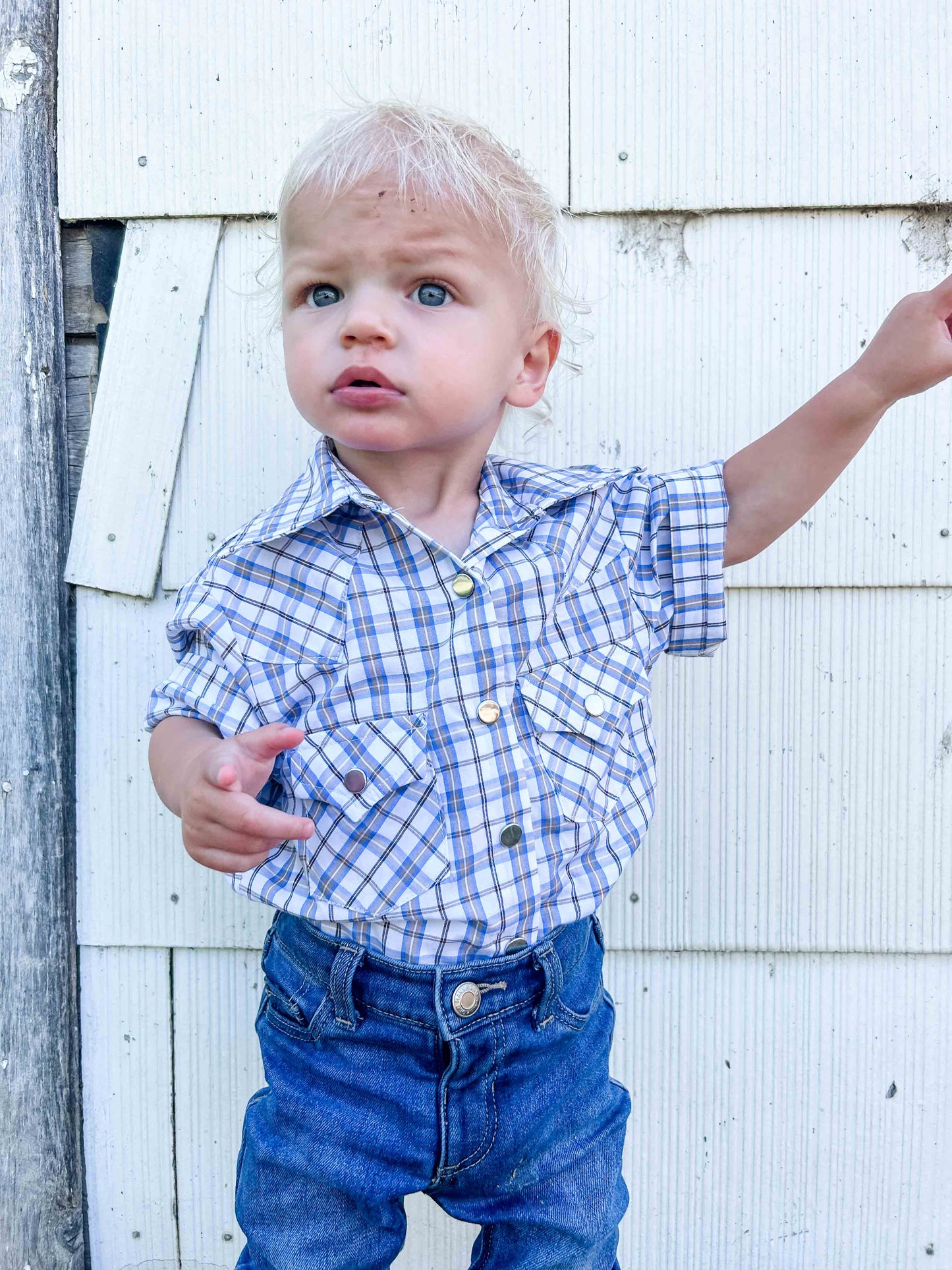 Youth Blue Pattern Metal Snap Shirt