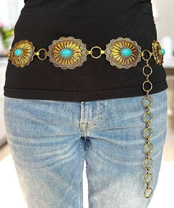 Turquoise Gem Gold Concho Belt