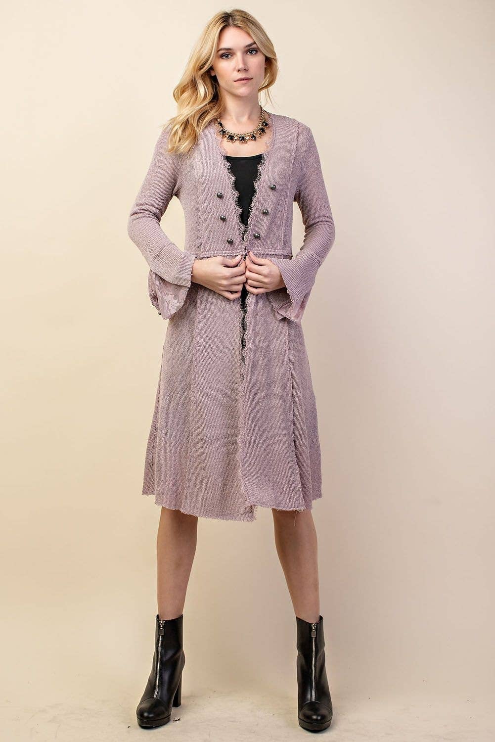 Knit Long Jacket / Cardigan With Buttons and Bell Sleeves, S-3X