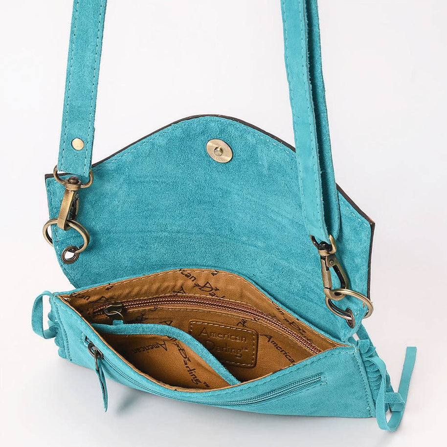 Suede Fringe & Tooled Leather Crossbody, Turquoise