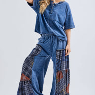 Mineral Washed Tiered Plaid Wide Flare pants HP6675