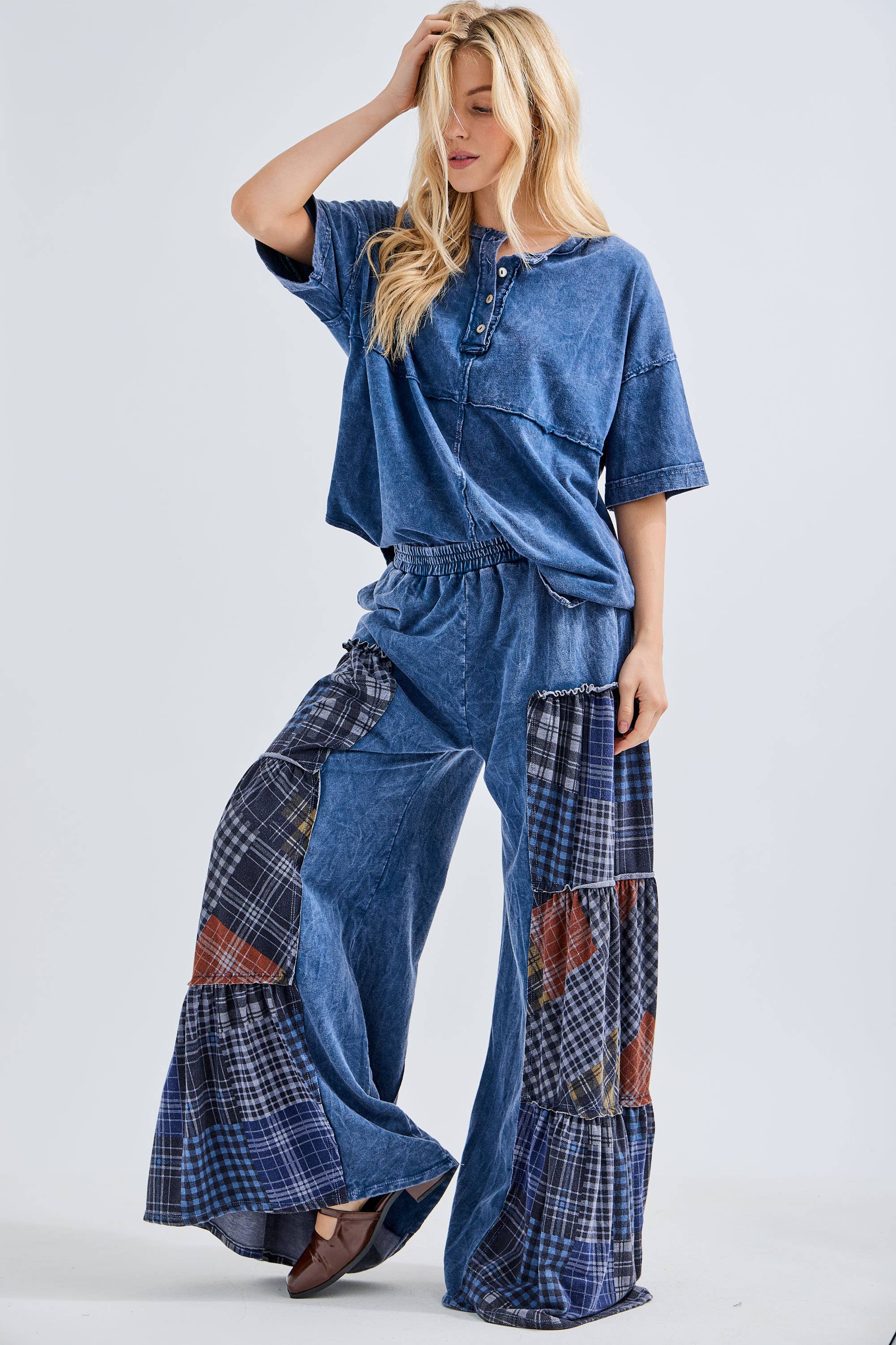 Mineral Washed Tiered Plaid Wide Flare pants HP6675