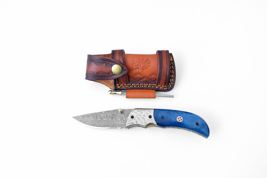 Damascus Steel Folding Knife Dyed Blue Bone