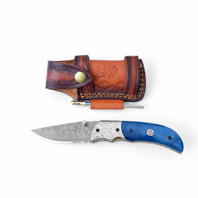 Damascus Steel Folding Knife Dyed Blue Bone