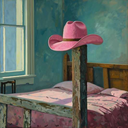 Pink Cowgirl Hat on Bedpost 8”x8” Art Print with Matte