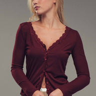 Lace Trim Button-Front Ribbed Knit Top