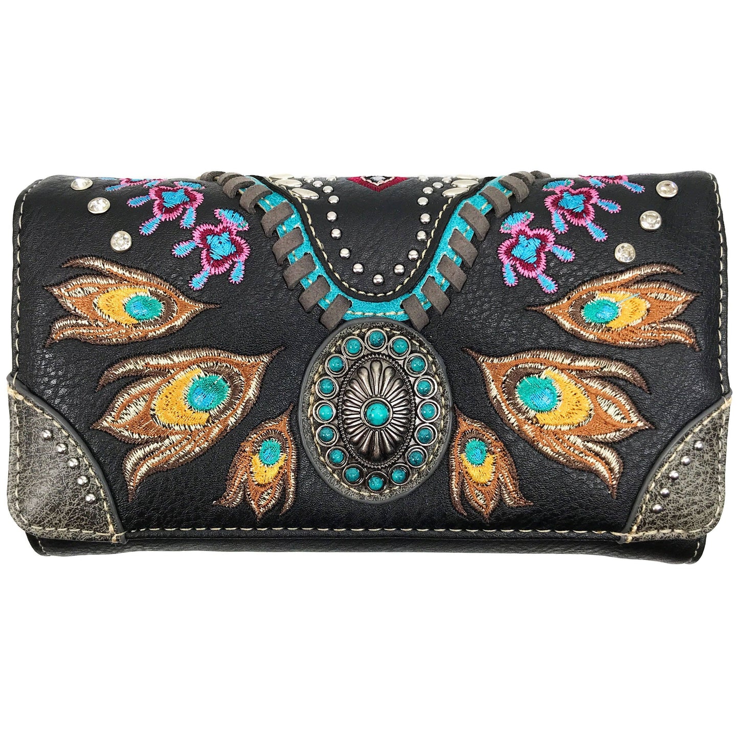 Turquoise Concho Feathers Embroidery Crossbody Wallet