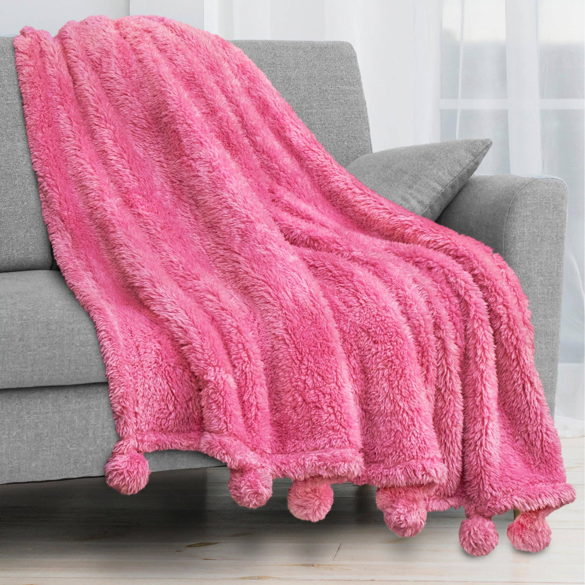 Pom Pom Twin Sherpa Blanket, Pink